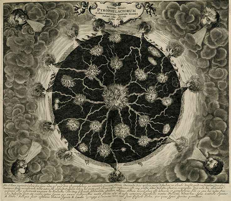 Athanasius Kircher. Mundus Subterraneus, quo universae denique naturae divitiae, 1664. Illustration of underground fire canals. Courtesy: © Wikimedia Commons