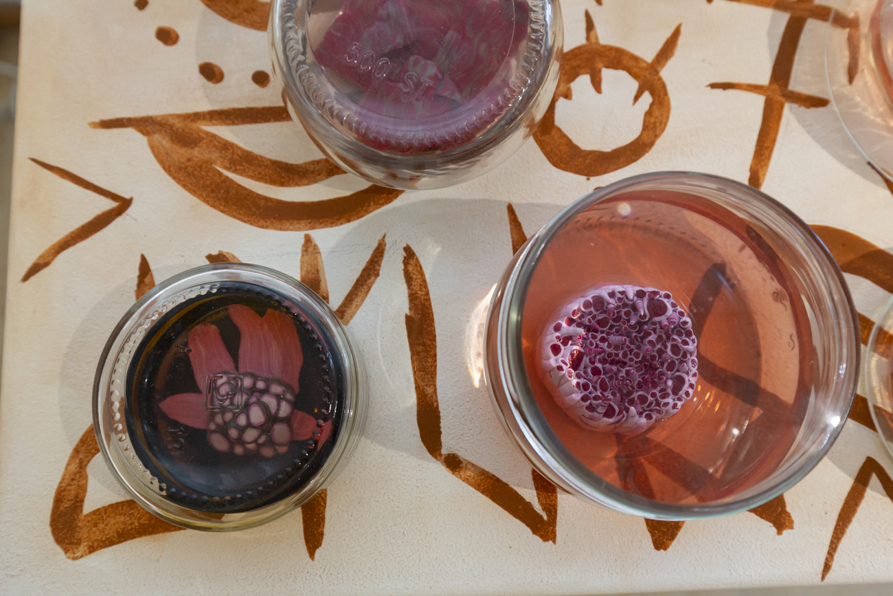 art laboratory petri dishes in ocre and burgundy