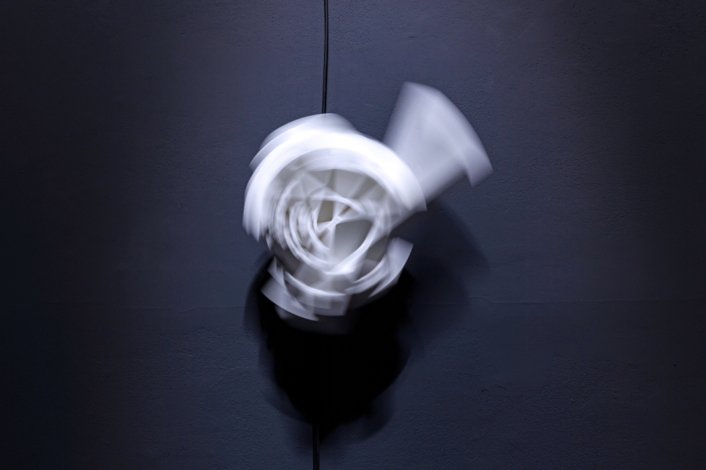 Saša Spačal: TERRA XENOBIOTICA. Eternity Scanner, detail of a spinning Aeroglyph (Airport), 2023, exhibition view, Art Laboratory Berlin, photograph: Tim Deussen